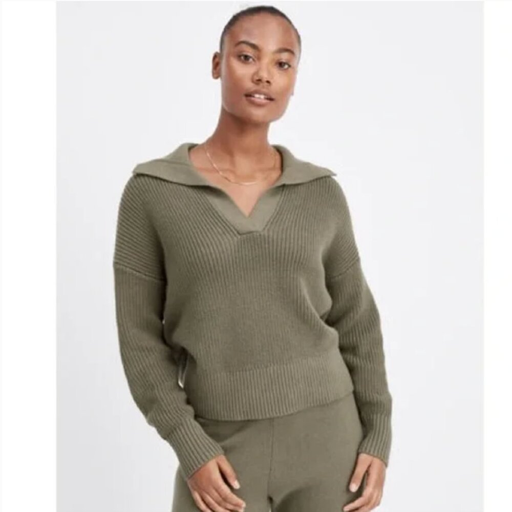 Haven Well Within Organic Cotton Polo‎ Collar Sweater Olive Green Knit Large